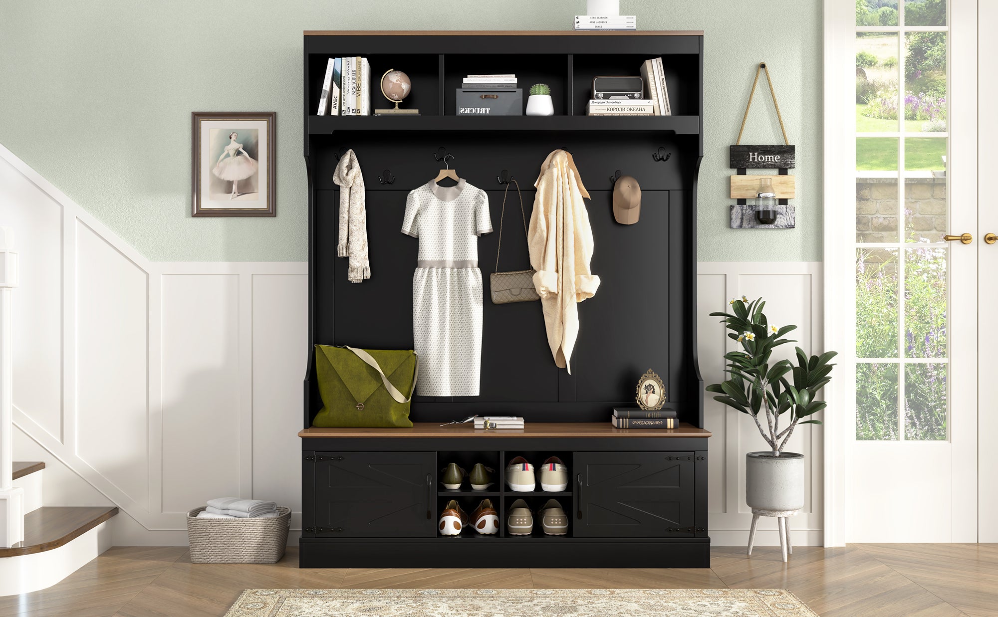 Vibe Haus 71"H Farmhouse Hall Tree with Bench and Shoe Storage