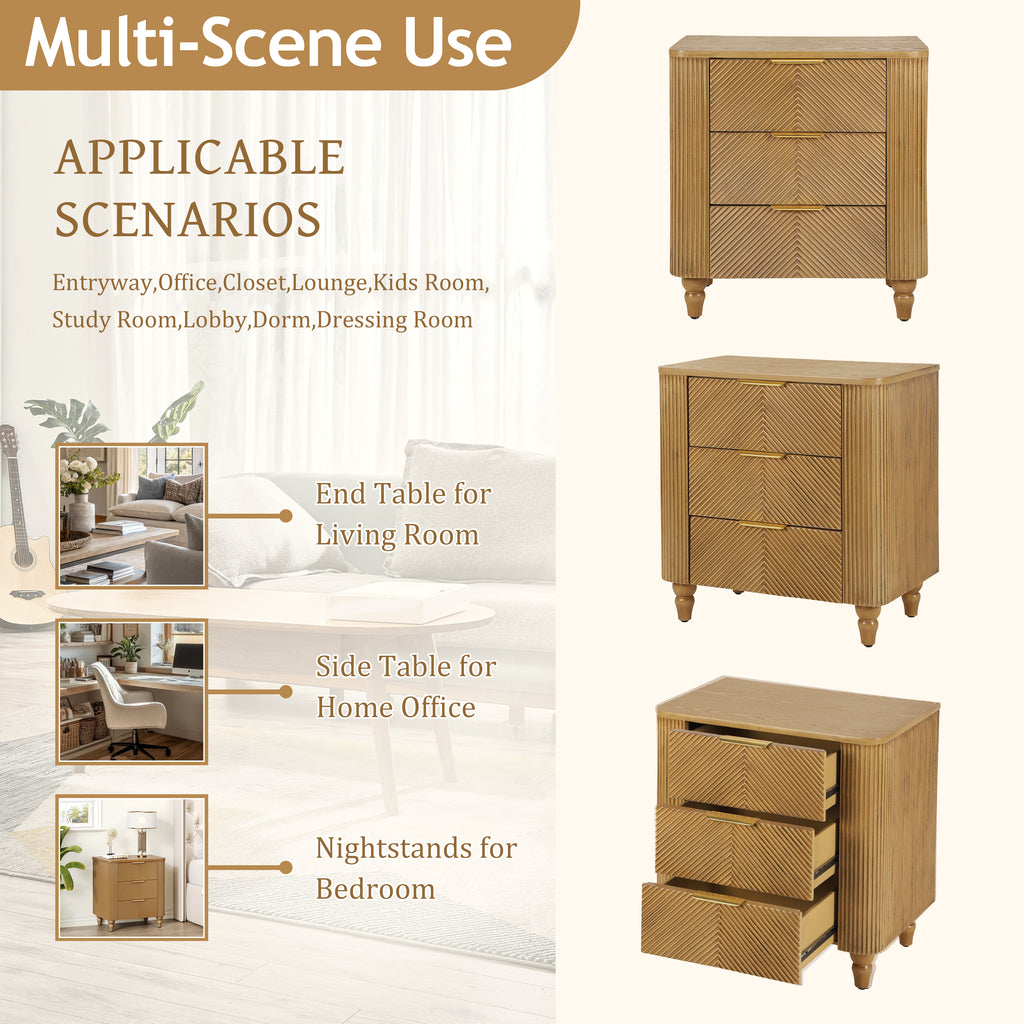 Mid-Century Fluted 3 Drawers Nightstand
