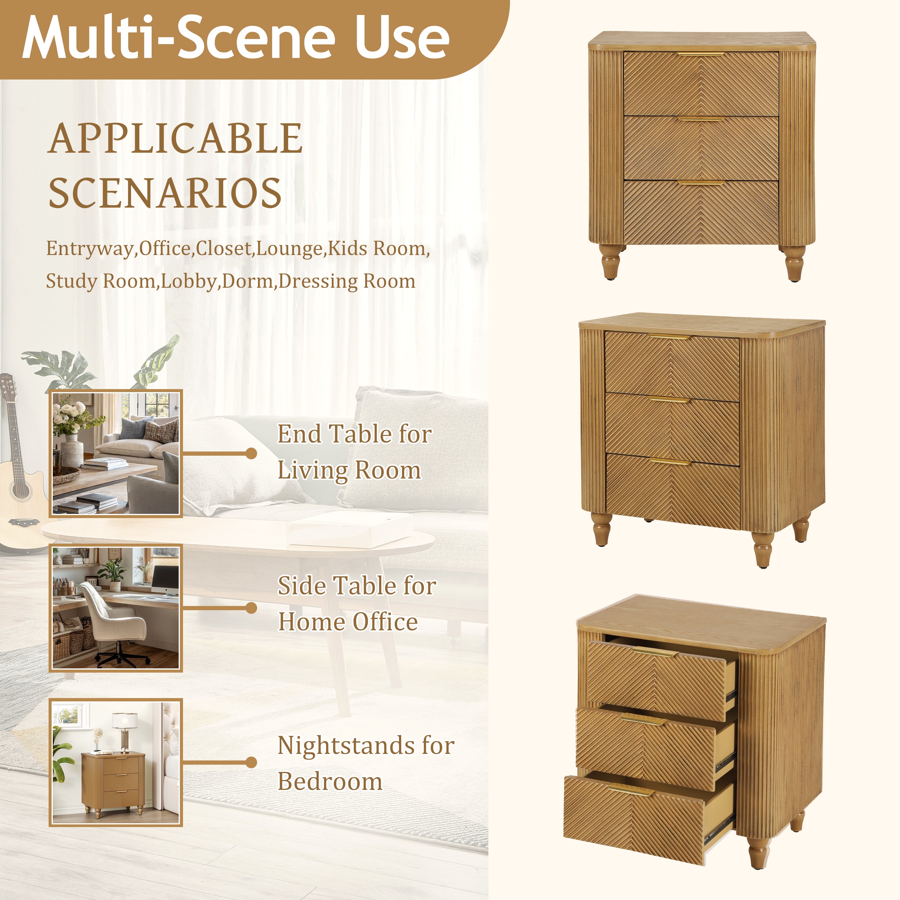 Mid-Century Fluted 3 Drawers Nightstand