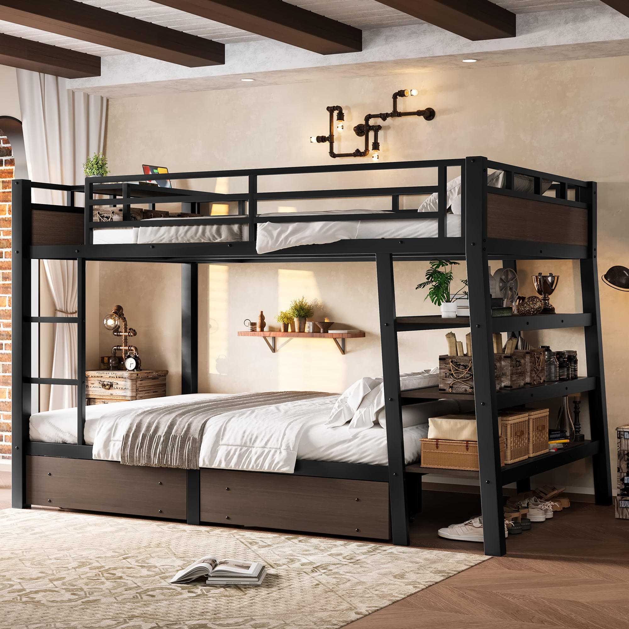 Full Size Metal Bunk Bed with Storage Shelves