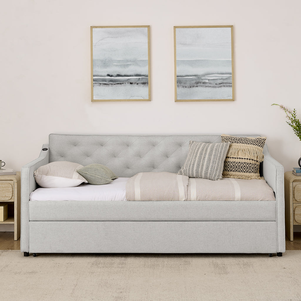 Twin Size Upholstery Daybed with Pop-up Trundle & USB Charging