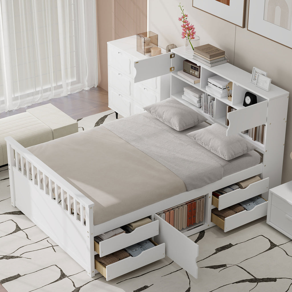 Full Size Captain Platform Bed Frame with Storage Bookcases and Shelves