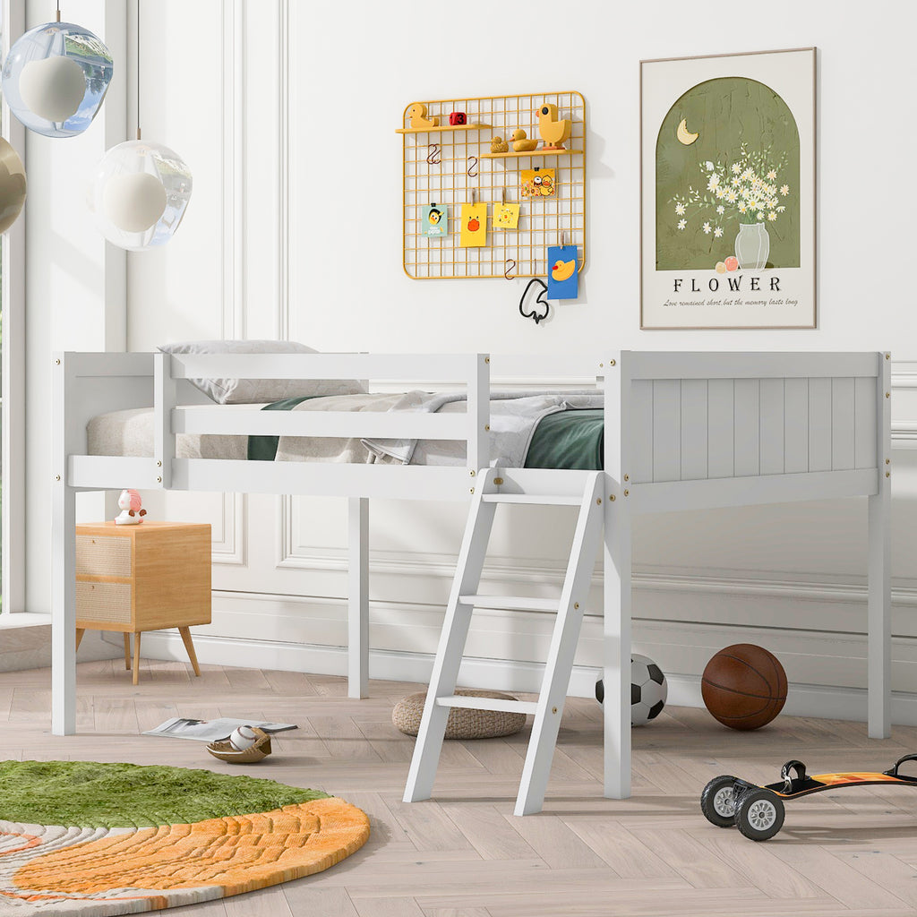 Full Size Wood Low Loft Bed with Ladder