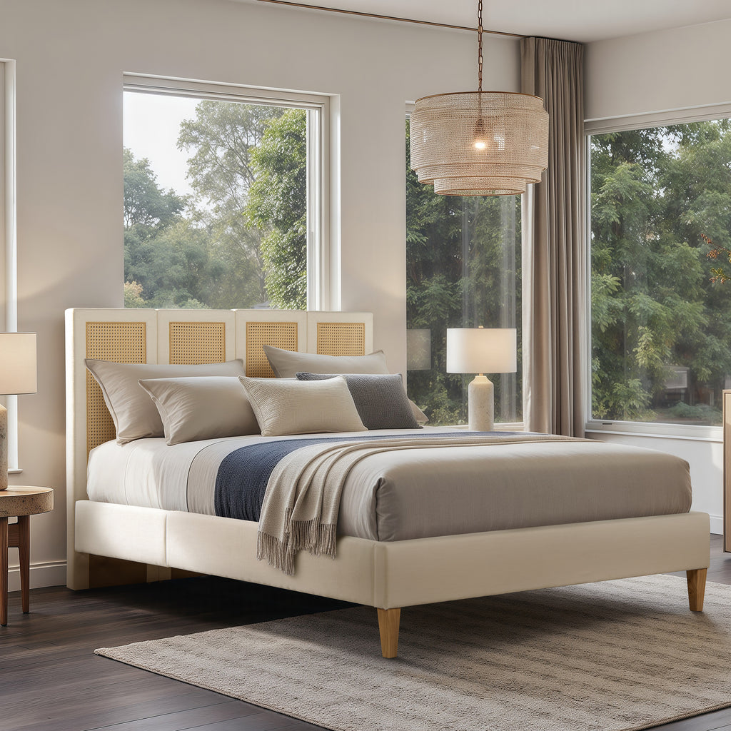 Toscana Queen Upholstered Cane Back Platform Bed, Antique