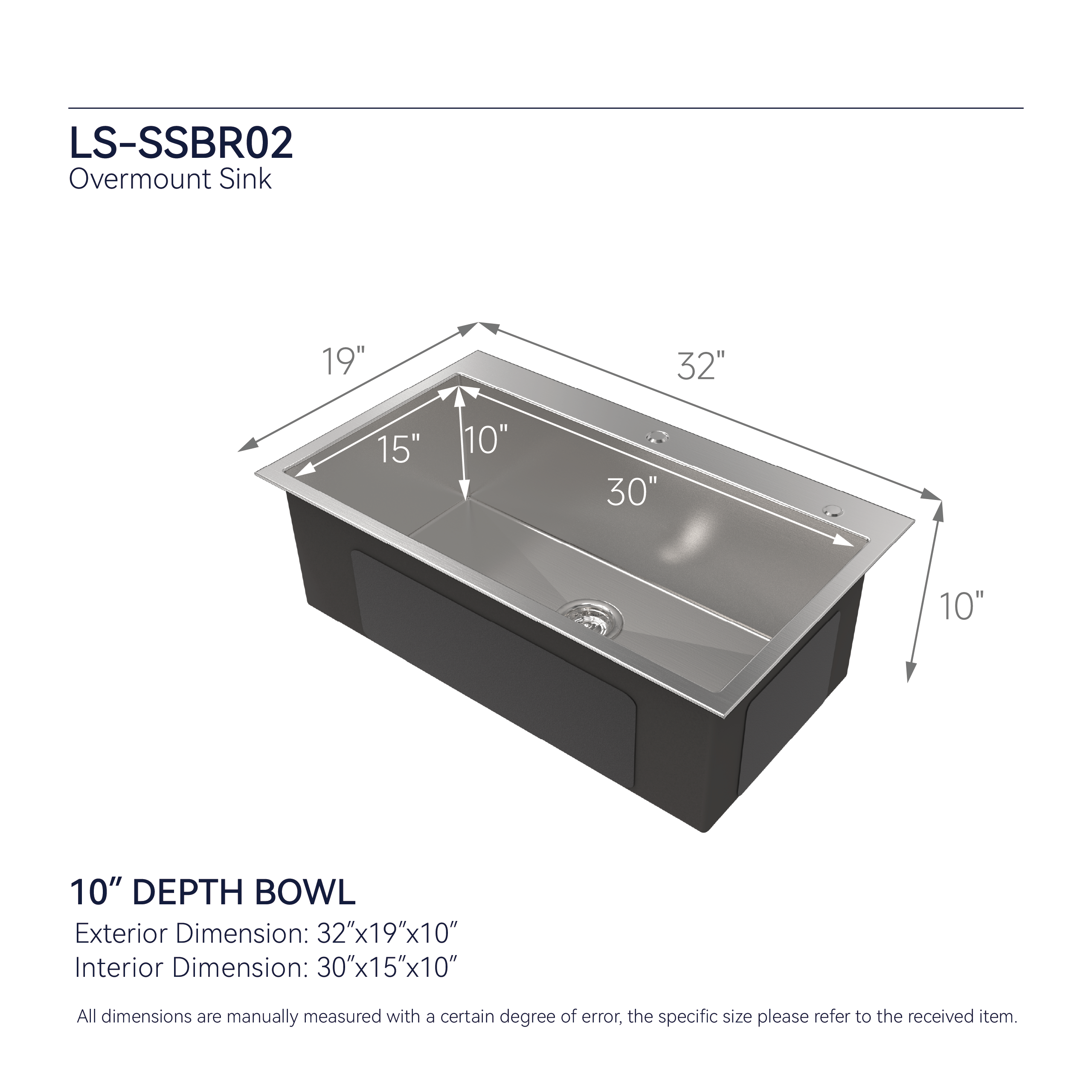 Stainless Steel Kitchen Sink - 32"x19" Single Bowl