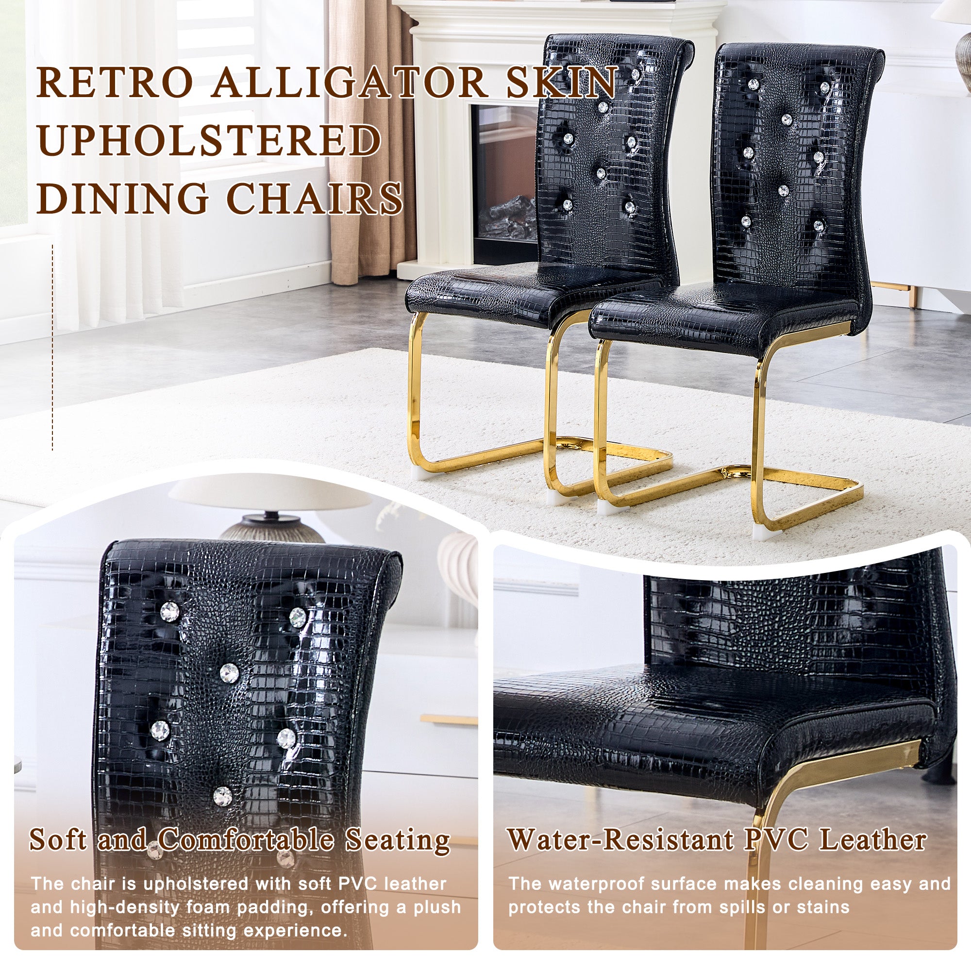 Set of 2 Retro Alligator Skin Upholstered Dining Chairs