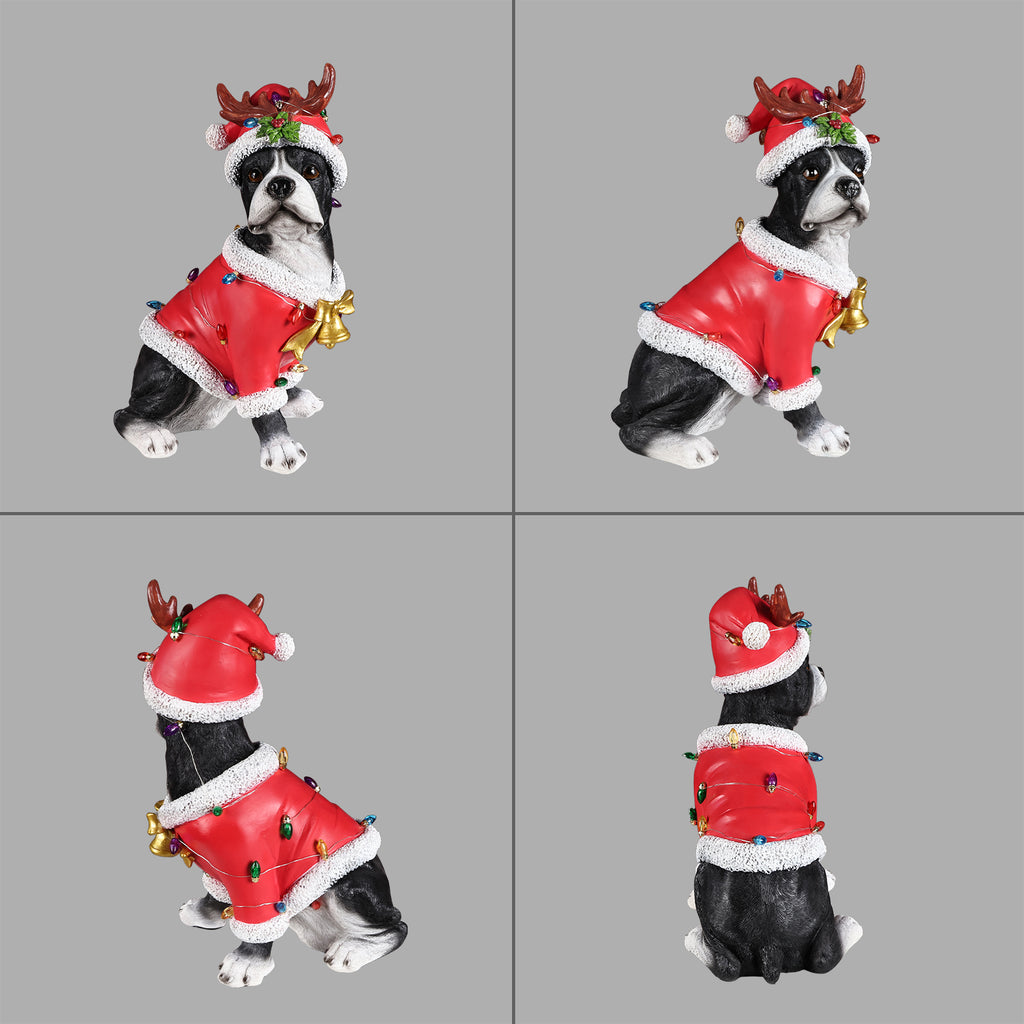 Christmas Boston Terrier Statue, Holiday Dog Figurine in Santa Outfit