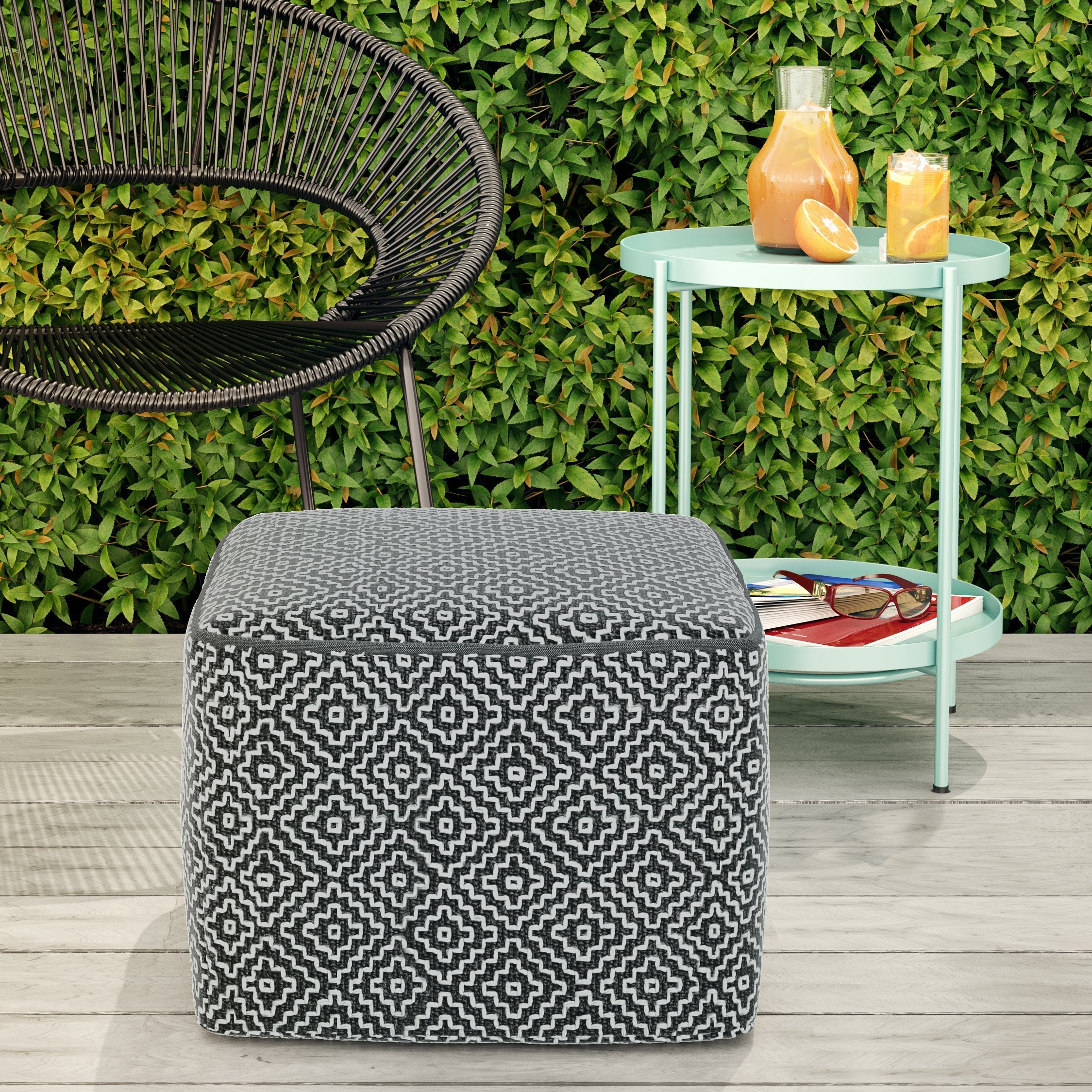 Briella Square Woven Outdoor / Indoor Pouf - Grey / White