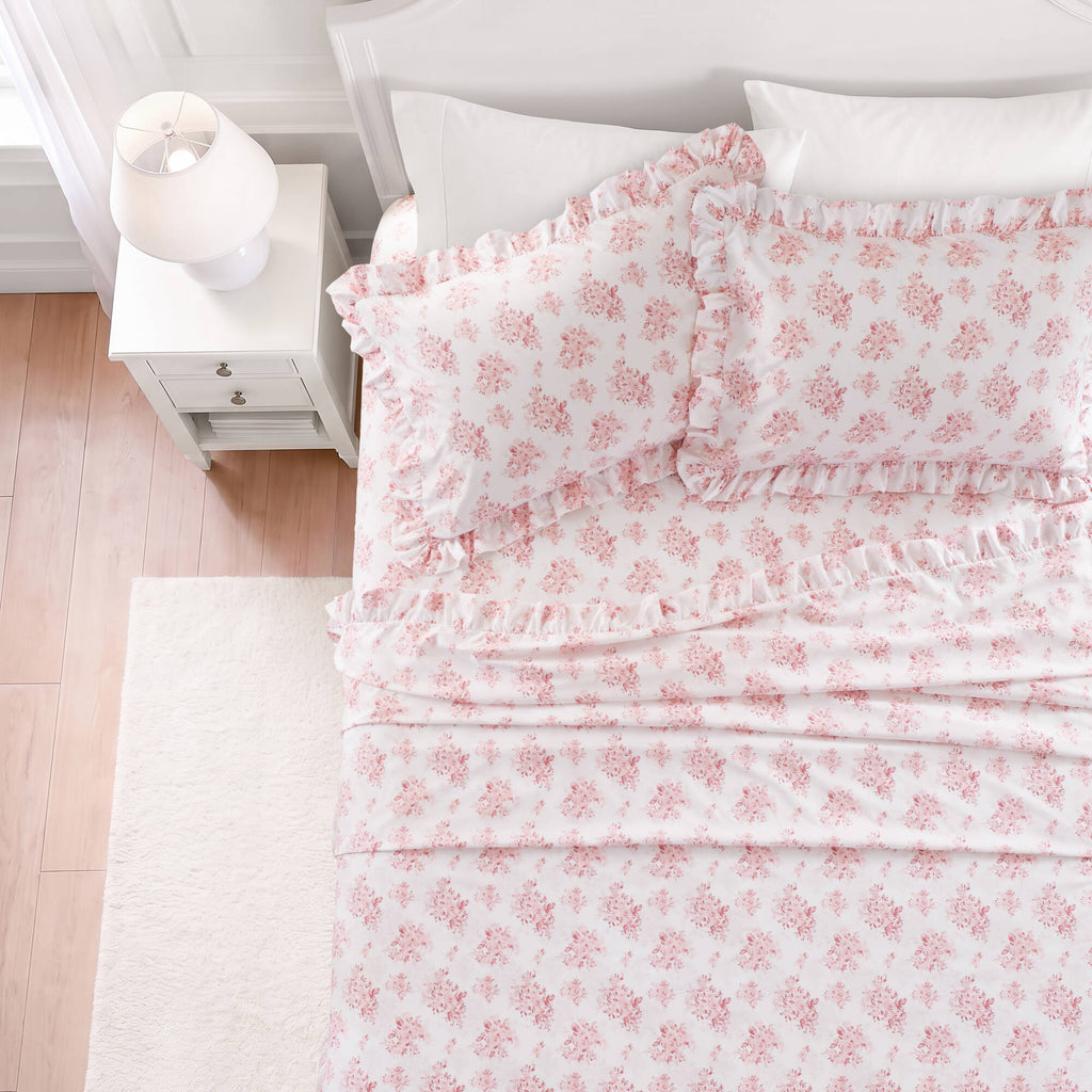 4-Piece Full Microfiber Sheet Set, Pink Floral, Ruffled Hem