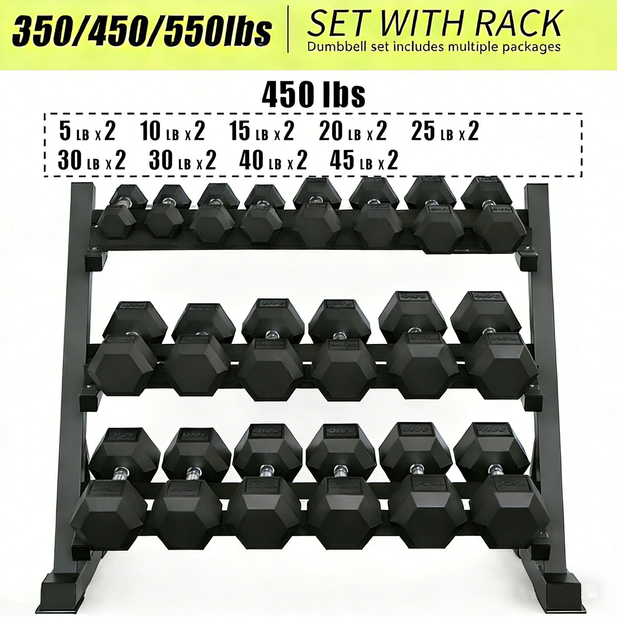 9 Pair Iron and Rubber-Coated Dumbbell Set, 5–45 lbs, 450 lbs Total with Storage Rack