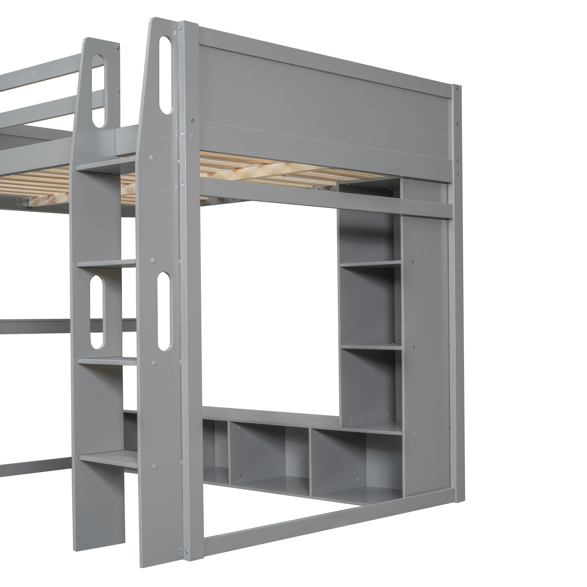 Wood Full Size Gaming Loft Bed with Desk and Multi-Storage Shelves