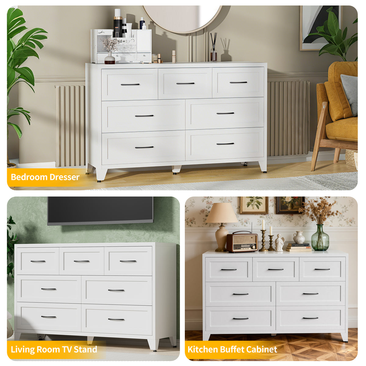 7-Drawer Dresser, Wide Low-Profile Storage Cabinet