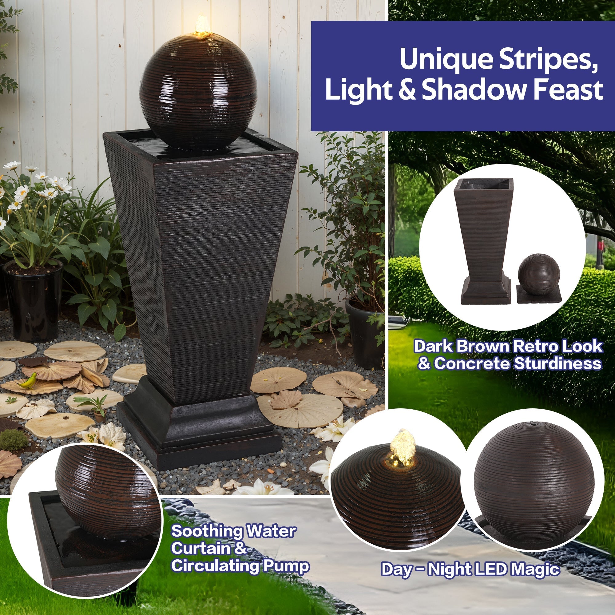 35.5' Dark Brown Concrete Tall Column Fountain with LED Lights