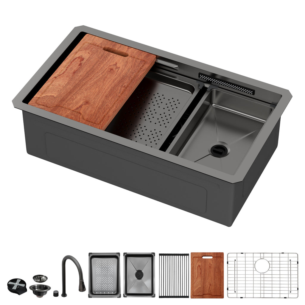 33" Undermount Waterfall Gunmetal Kitchen Sink