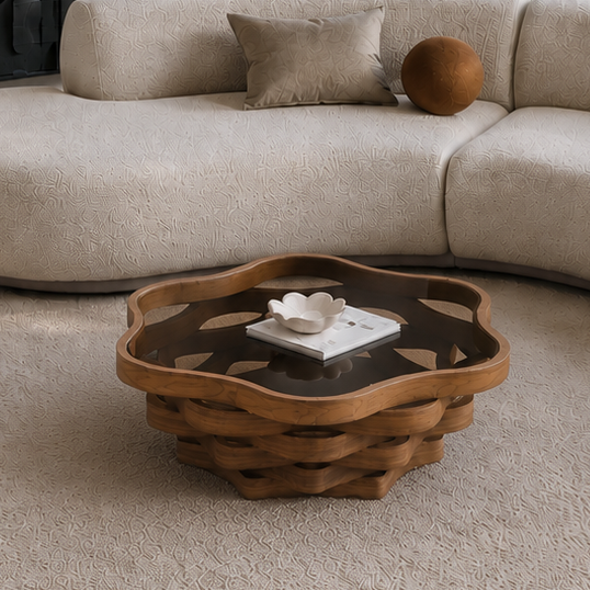 Cloud Shaped Coffee Table with Tempered Glass Top, Walnut Brown