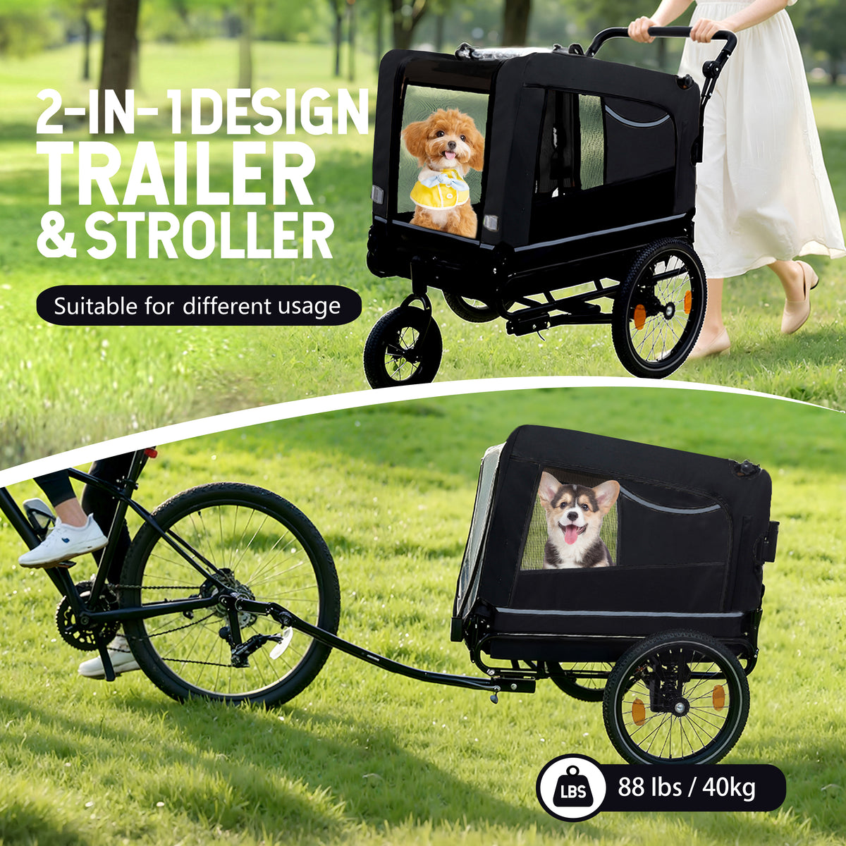 Extra Large 2-in-1 Bike Trailer & Push Cart for Pets