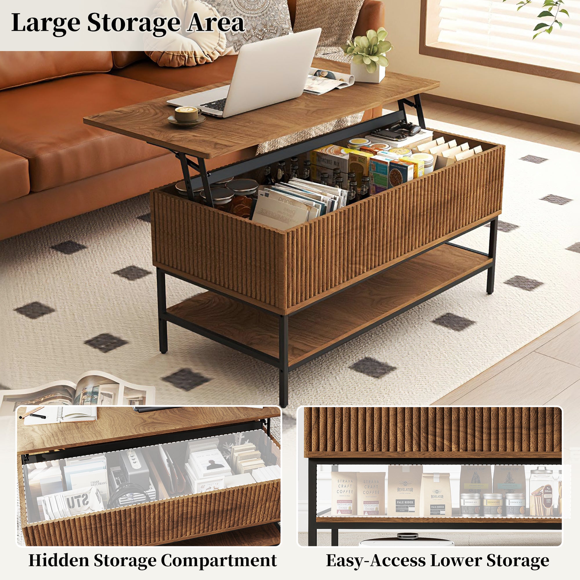 Lift Top Coffee Table 39.4 Inch Rectangle - Farmhouse Style