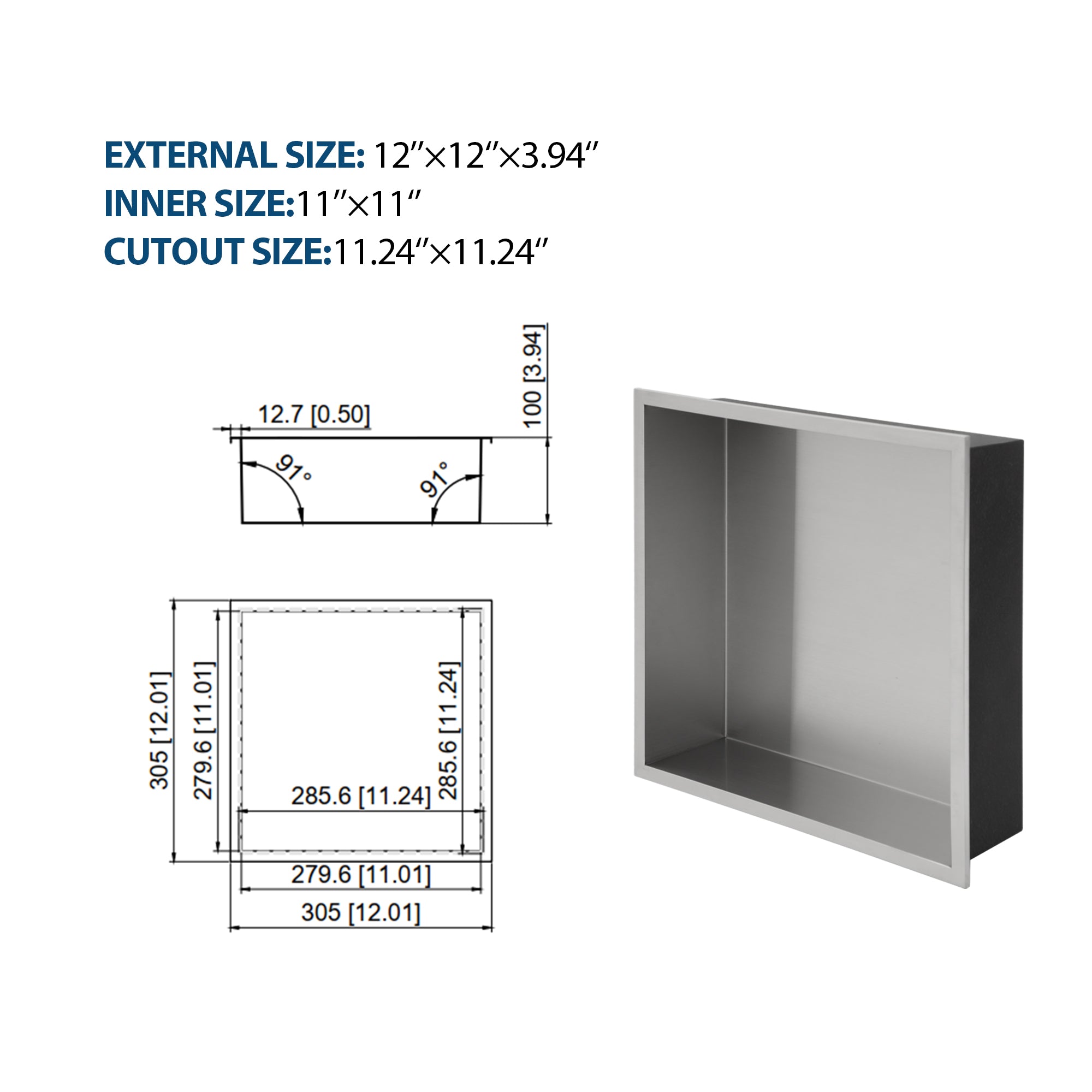 12" x 12" Stainless Steel Shower Niche, Brushed Nickel