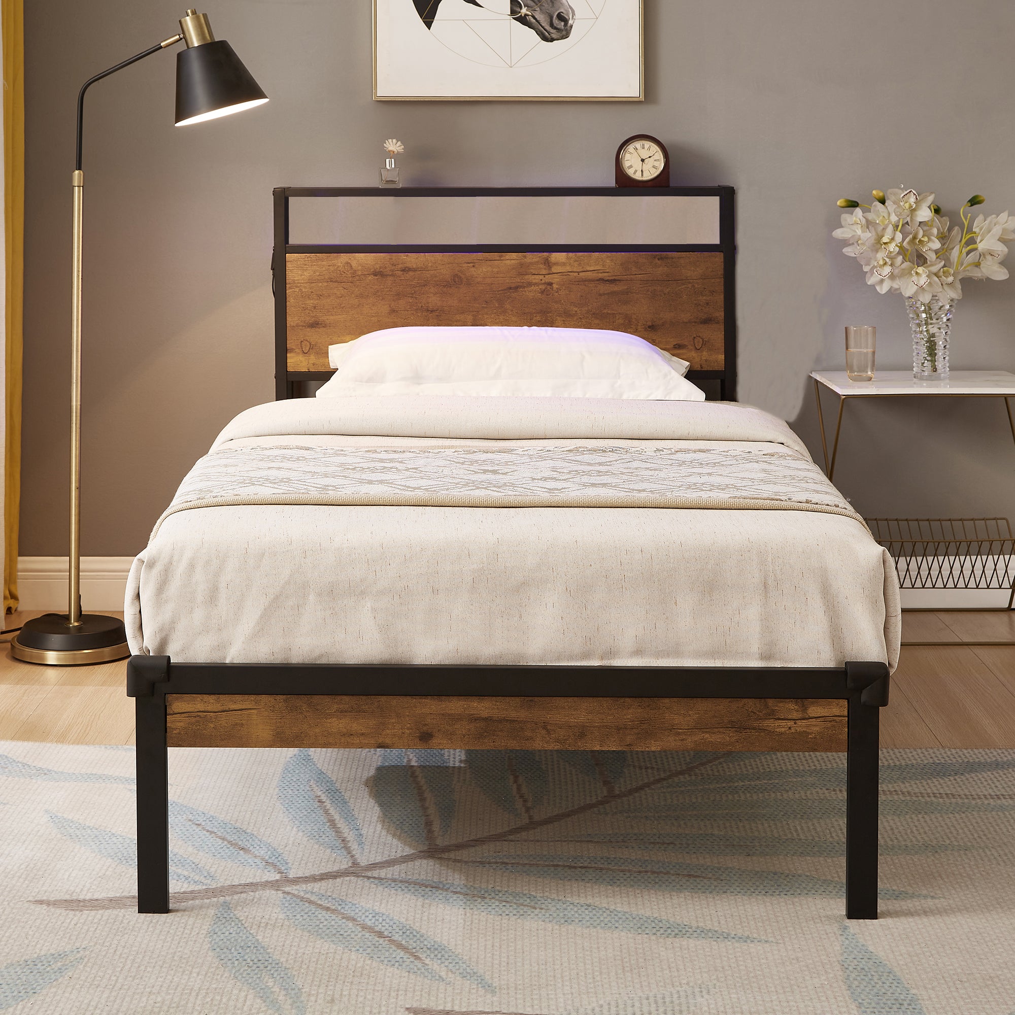Twin Size Metal Platform Bed Frame with Wooden Headboard