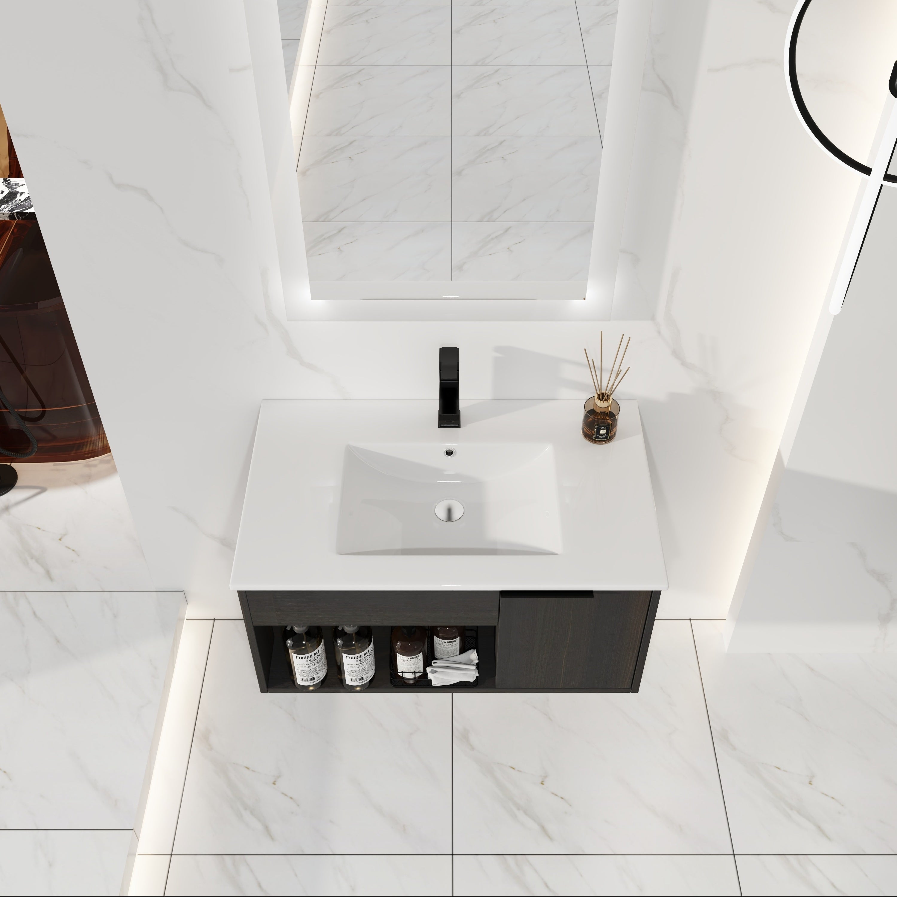 30" Wall-Mounted Floating Bathroom Vanity with Ceramic Sink – Modern Dark