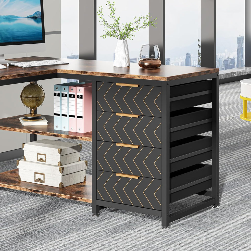 59” L-Shaped Computer Desk with Drawers and Storage Shelves