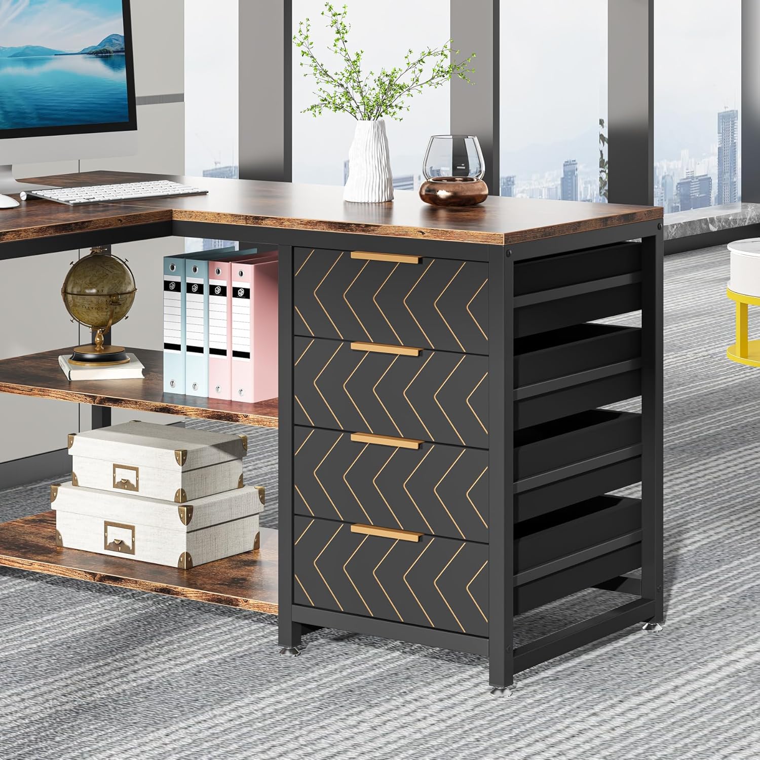 59” L-Shaped Computer Desk with Drawers and Storage Shelves