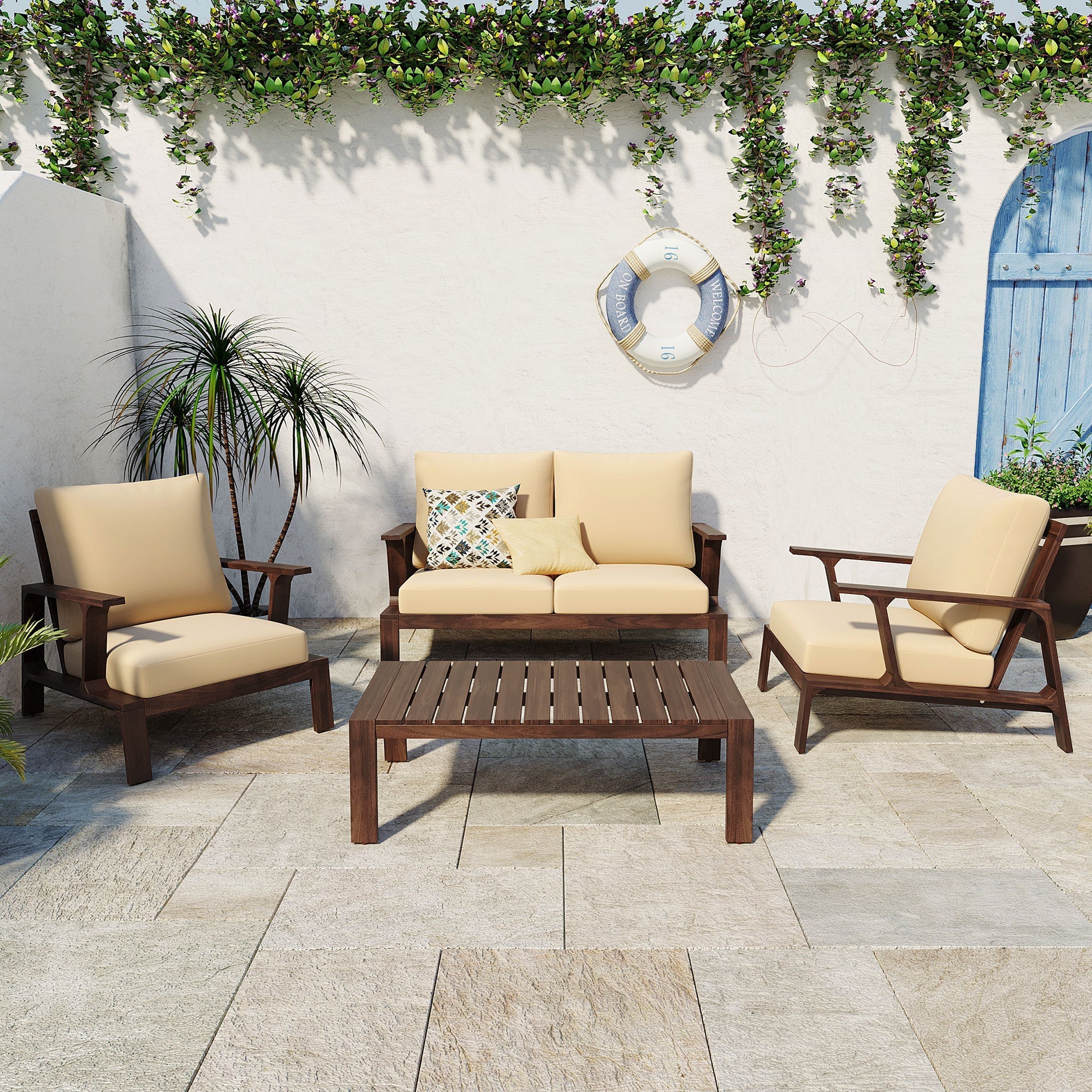 4 Pieces Outdoor Sofa Set with Cushions and Coffee Table