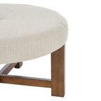 Beige Fabric Round Ottoman with Solid Wood Cross Base