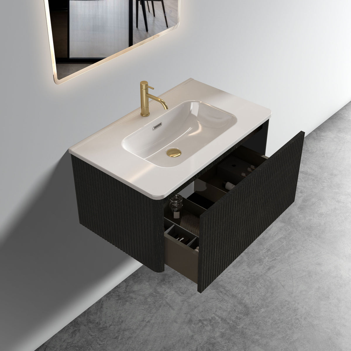 Etna 30-Inch Floating Bathroom Vanity, Black Melamine with White Ceramic Sink