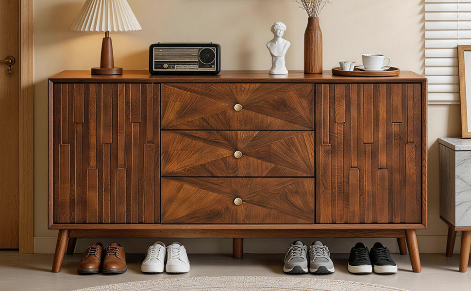 Mid Century Sideboard Buffet Cabinet, 56-Inch, Walnut Wood, 3 Drawers and 2 Storage Cabinets