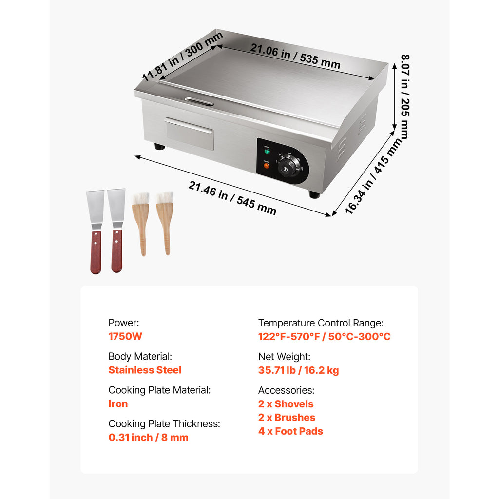 Commercial Electric Griddle - 21 x 11.8 Inch, 1750W