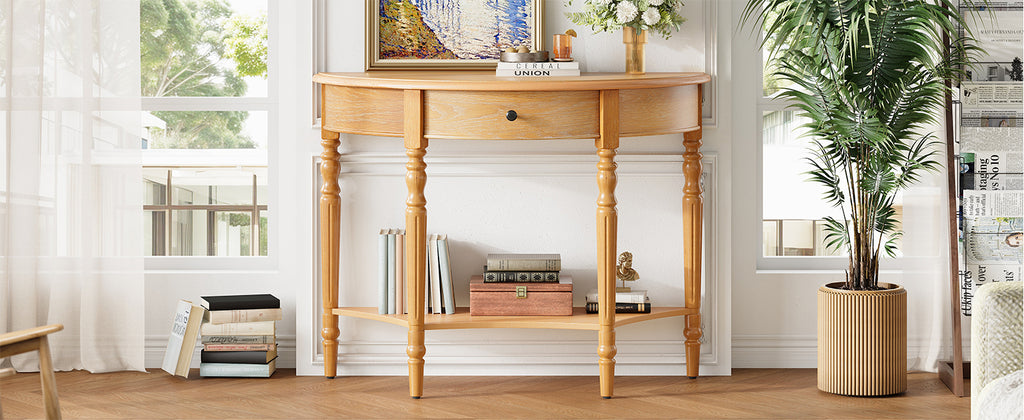 TREXM Farmhouse Half Moon Console Table with Drawer & Shelf - Rustic Accent Table