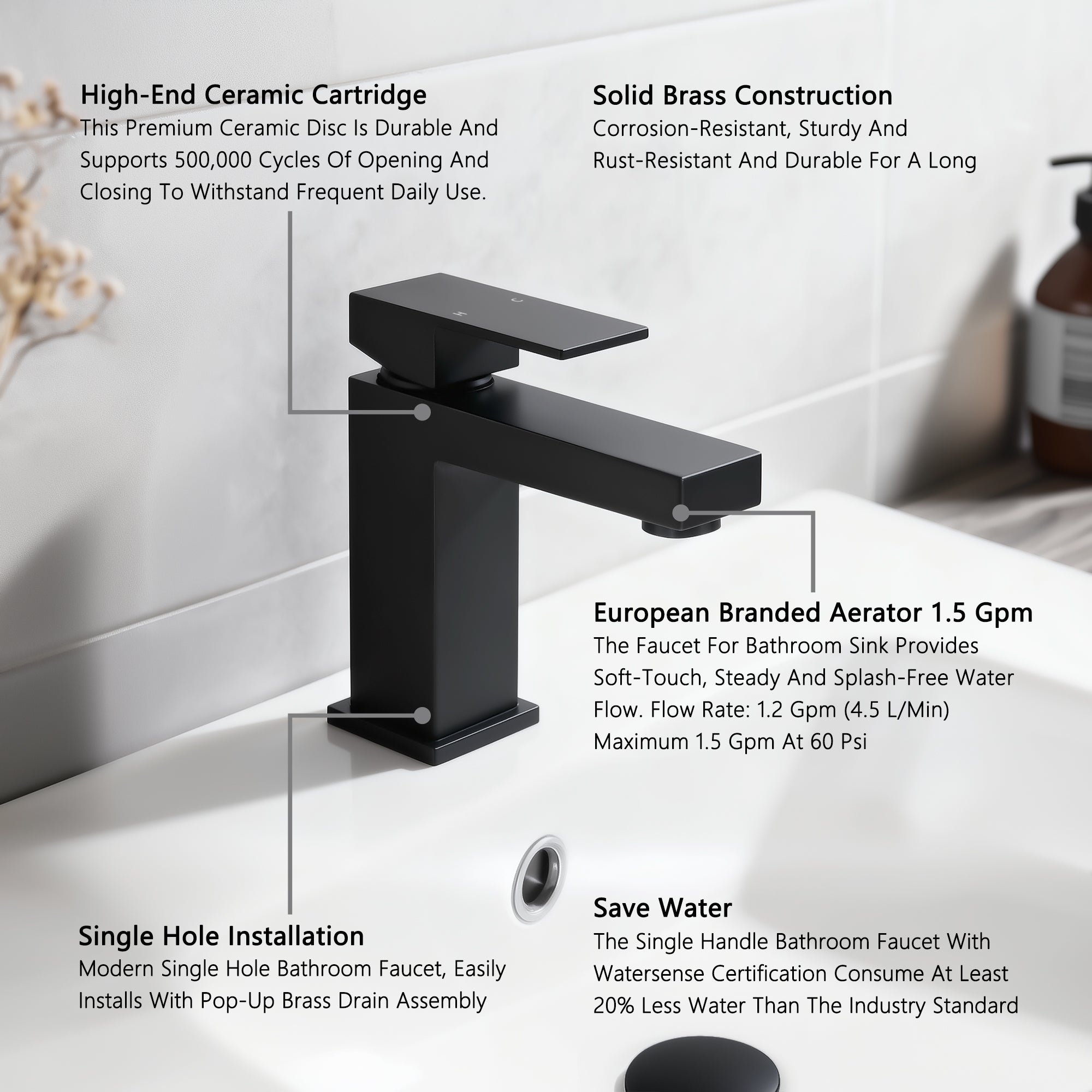 Single Handle Bathroom Faucet, Matte Black