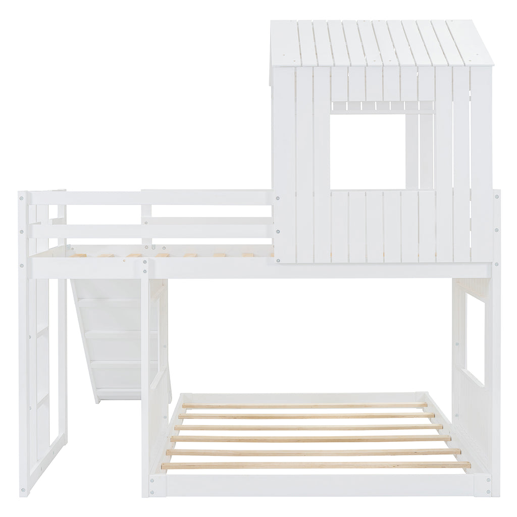 Wooden Twin Over Full Bunk Bed with Playhouse