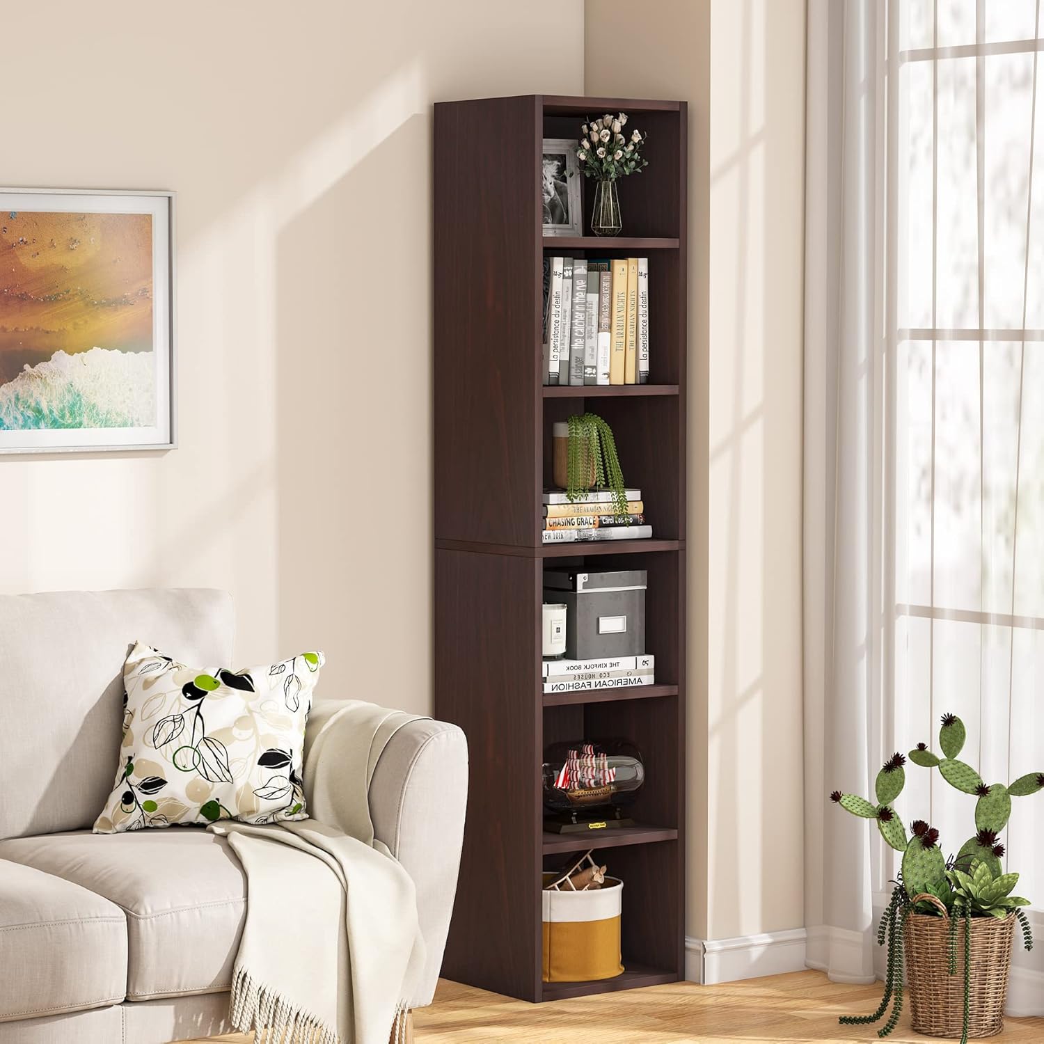 70.9" Cherry 6-Tier Narrow Corner Cube Bookcase
