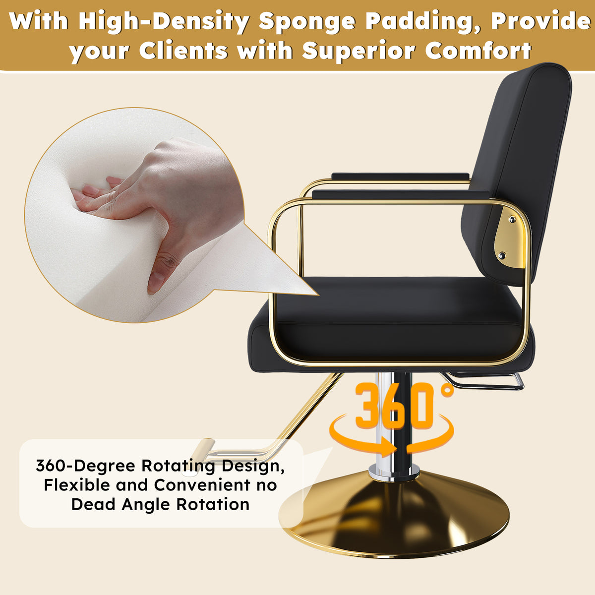 Hydraulic Salon Chair, 360° Swivel, Non-Tilting, Black and Gold