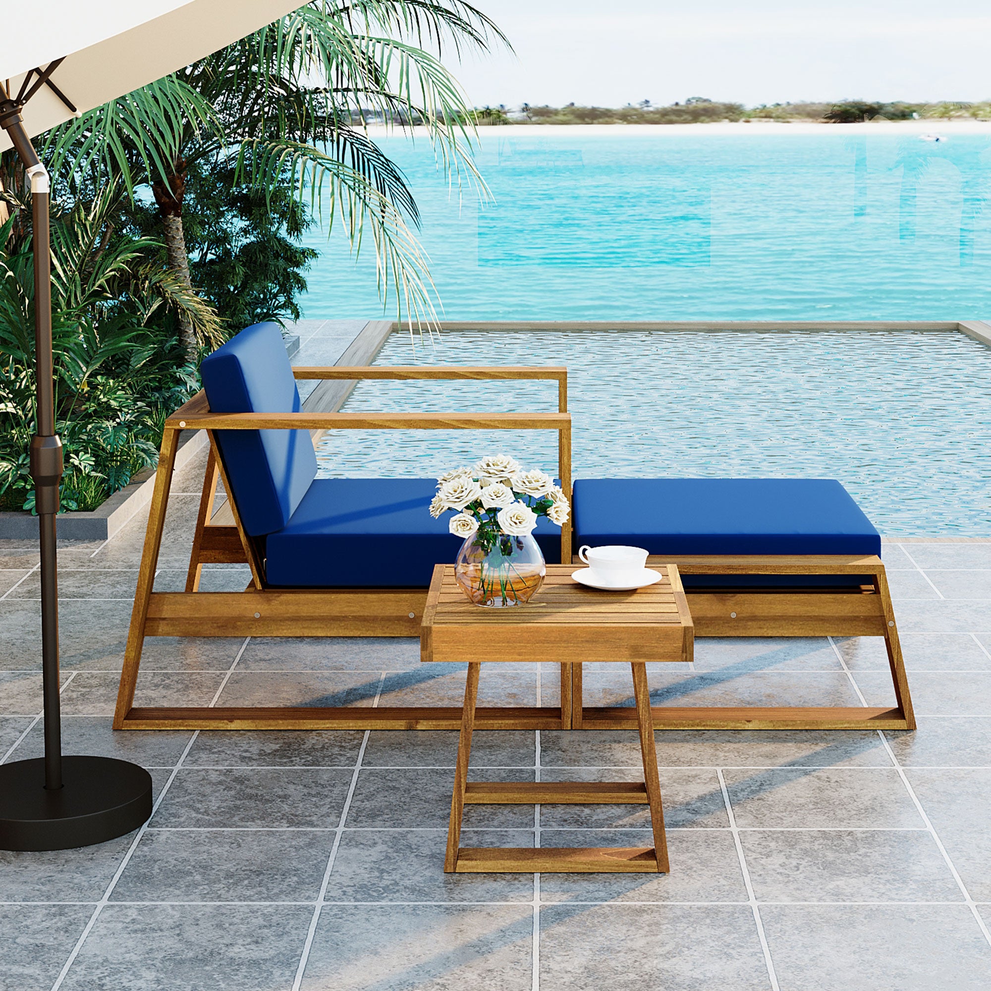 U_STYLE Acacia Wood Outdoor Lounge Set - Chair and Ottoman