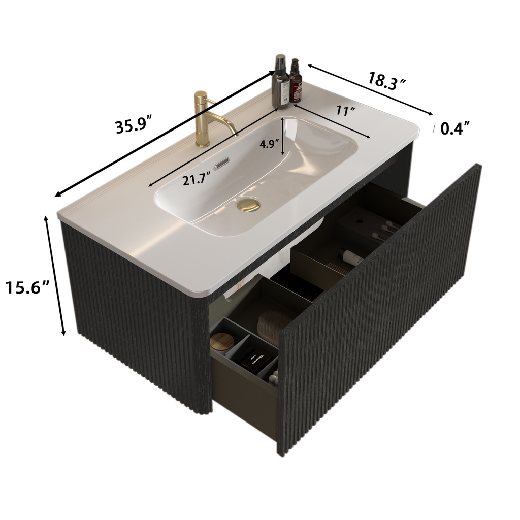 Etna 36-Inch Striped Floating Bathroom Vanity with Ceramic Sink, Black