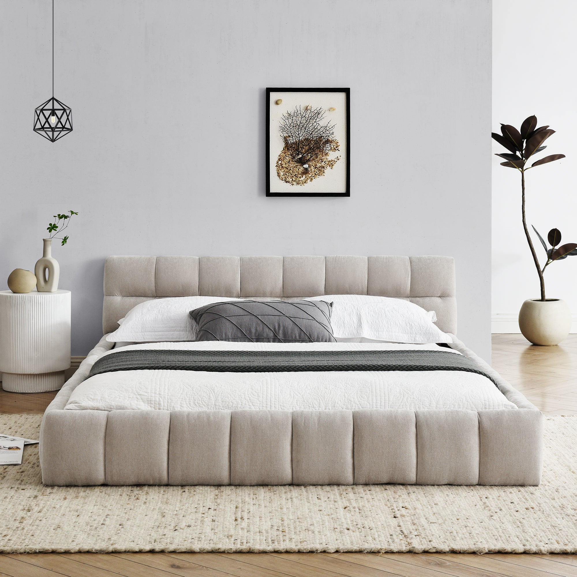 Queen Size Upholstered Bed Frame with Thick Fabric