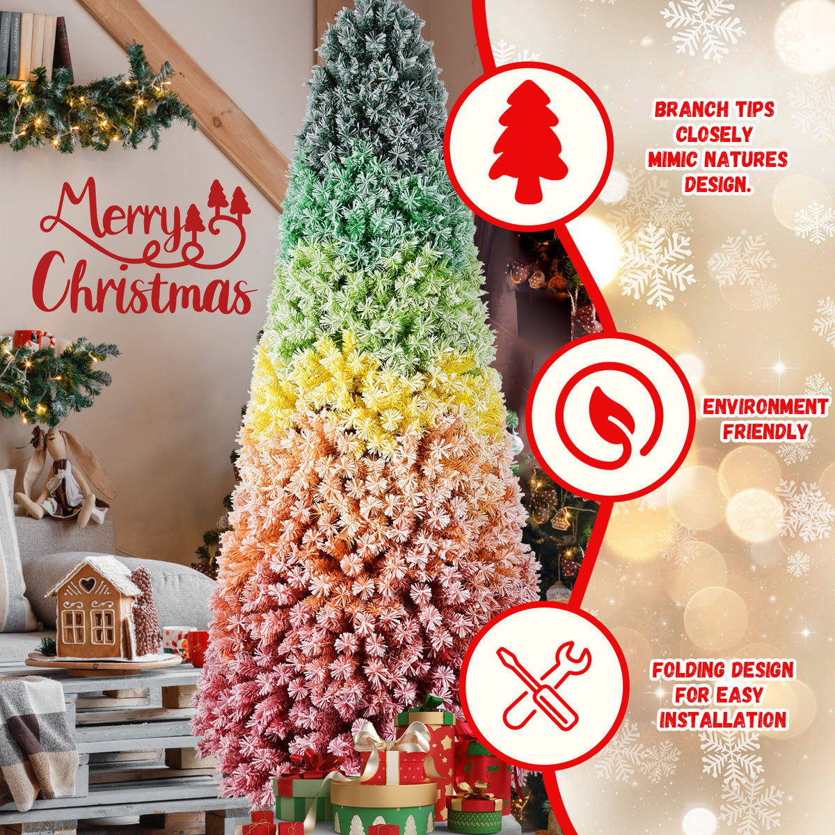 7.5ft Rainbow Gradient Flocked PVC Christmas Tree