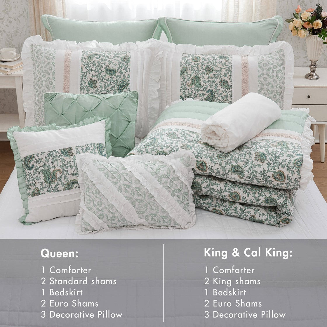9 Piece Cotton Percale Comforter Set Aqua Cal King