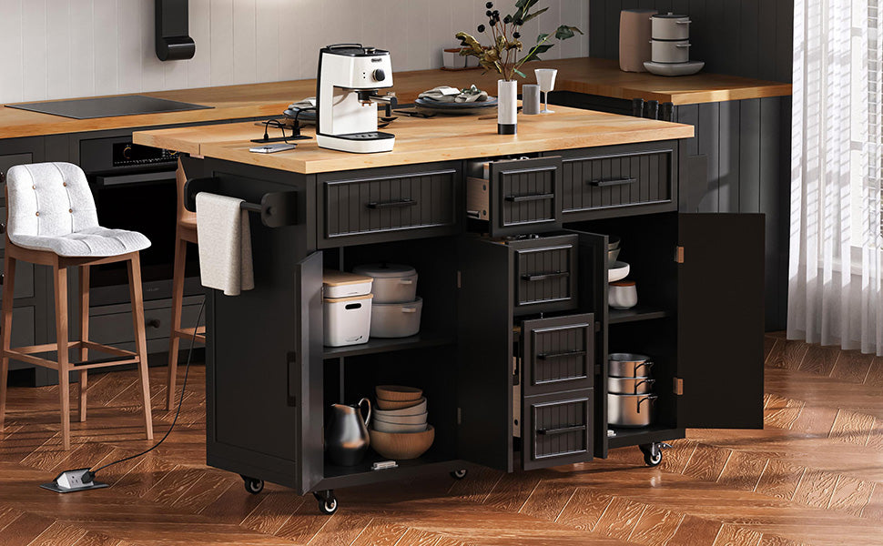K&K 56.5'' Kitchen Island with Drop Leaf and Power Outlet