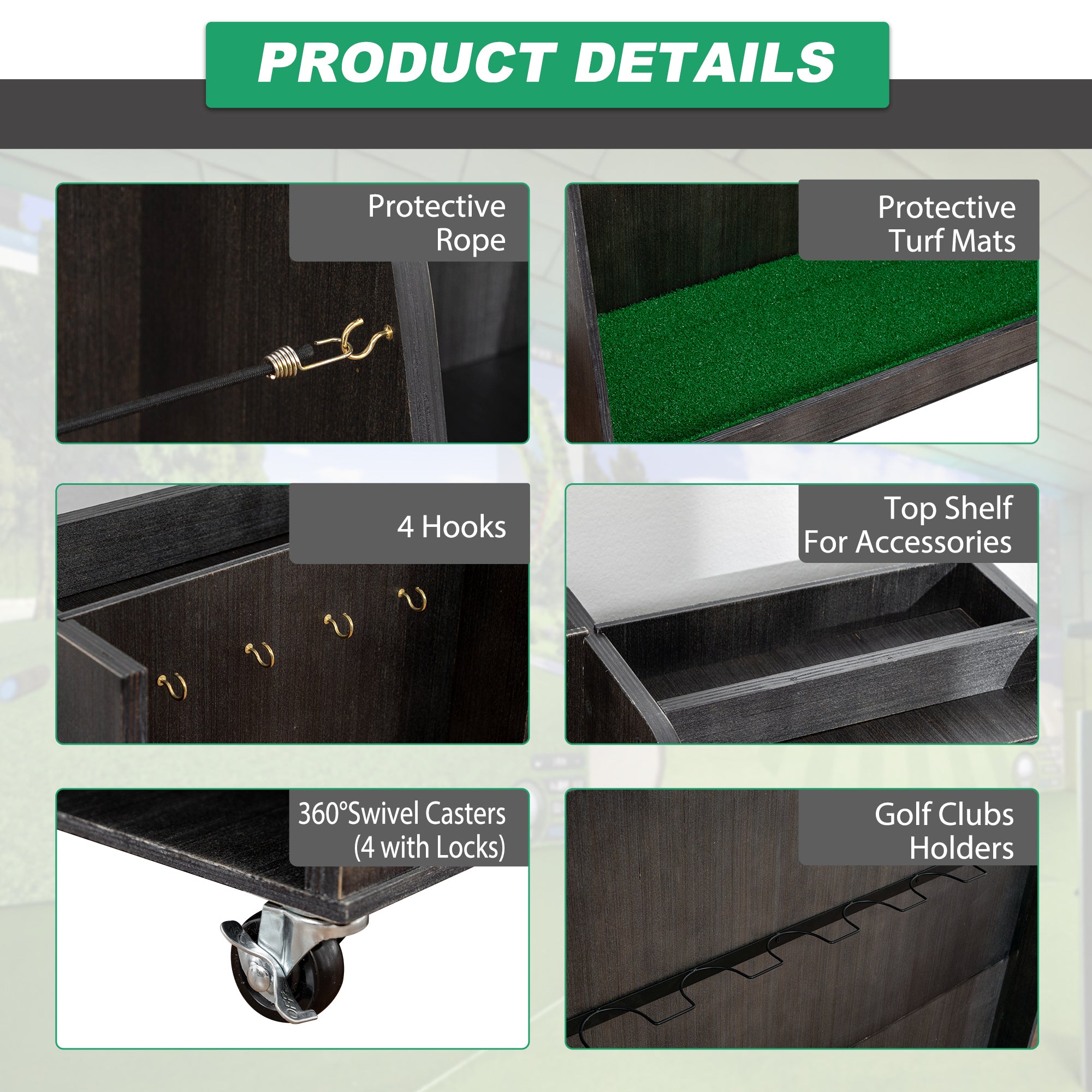 Gray Wooden Golf Bag Storage Rack with 3 Drawers