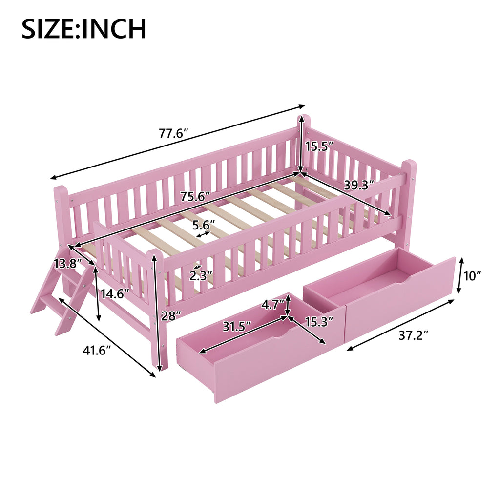 Wood Twin Size Platform Bed with Guardrail and 2 Drawers