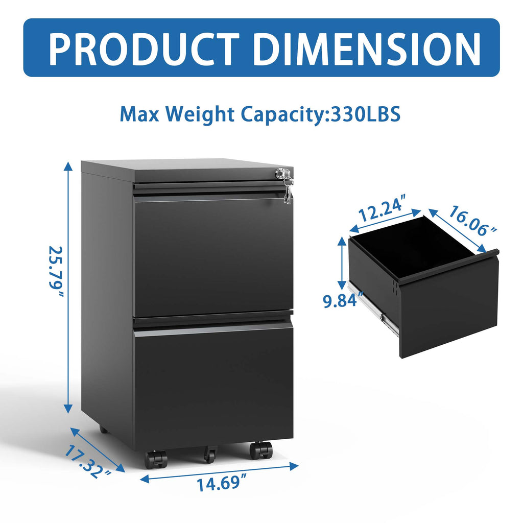 2 Drawer Metal Mobile File Cabinet, Rolling File Cabinet with Lock