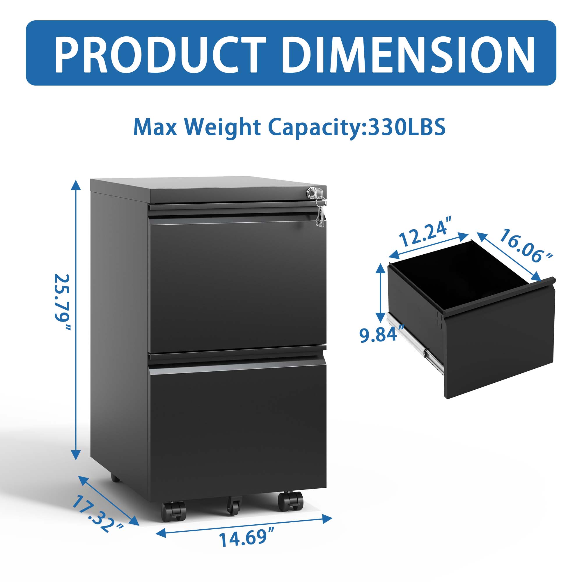 2 Drawer Metal Mobile File Cabinet, Rolling File Cabinet with Lock