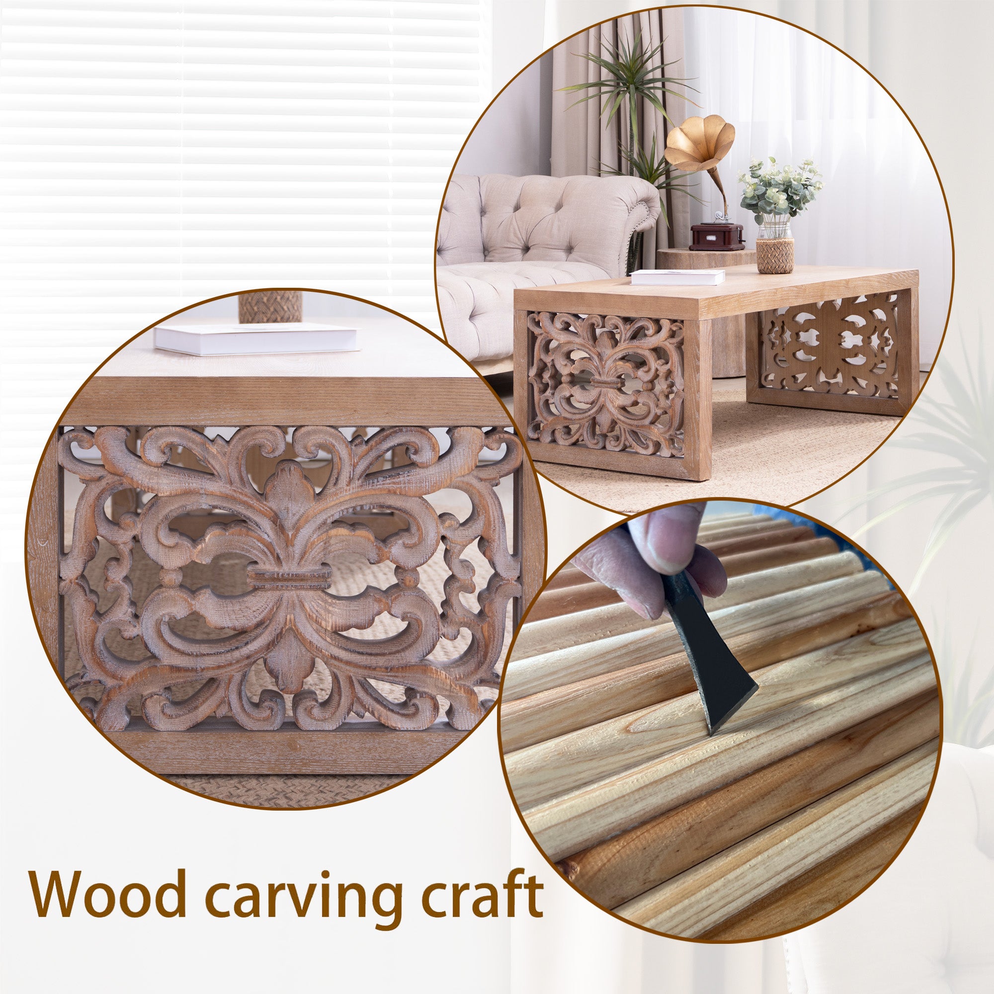 47.2" Rustic Carved Wood Coffee Table