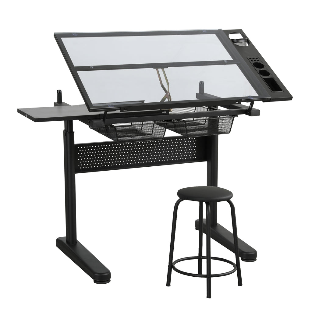 Hand Crank Adjustable Drafting Table with Stool