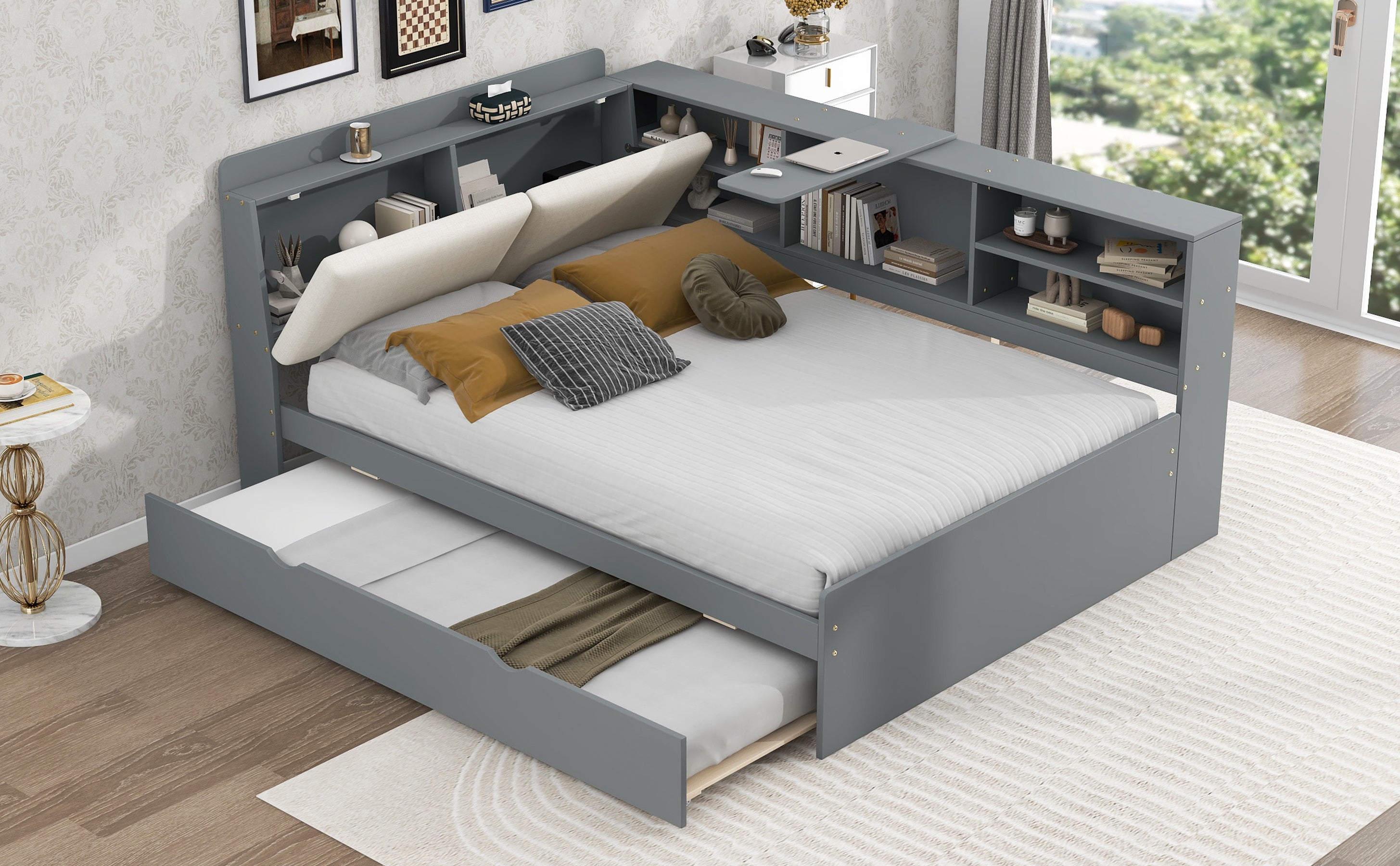 Wood Full Size Platform Bed with Trundle, Shelves and Storage Headboard