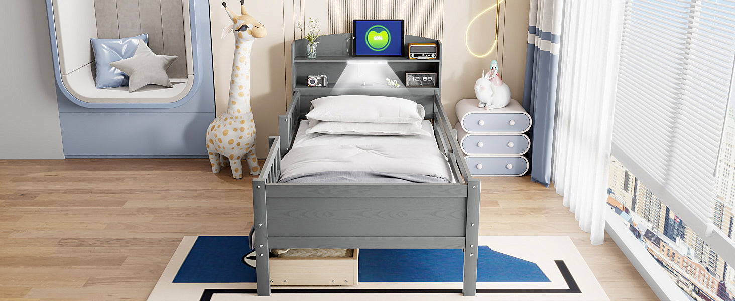 Wood Twin Size Platform Bed with Built-in LED Light
